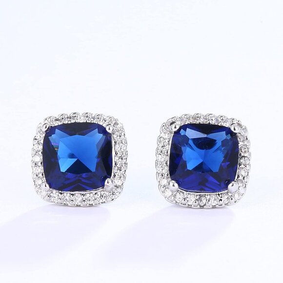 Women's Square Birthstone Cubic Zirconia Mall Dainty Blue Elegant Earring - Picture 3 of 6